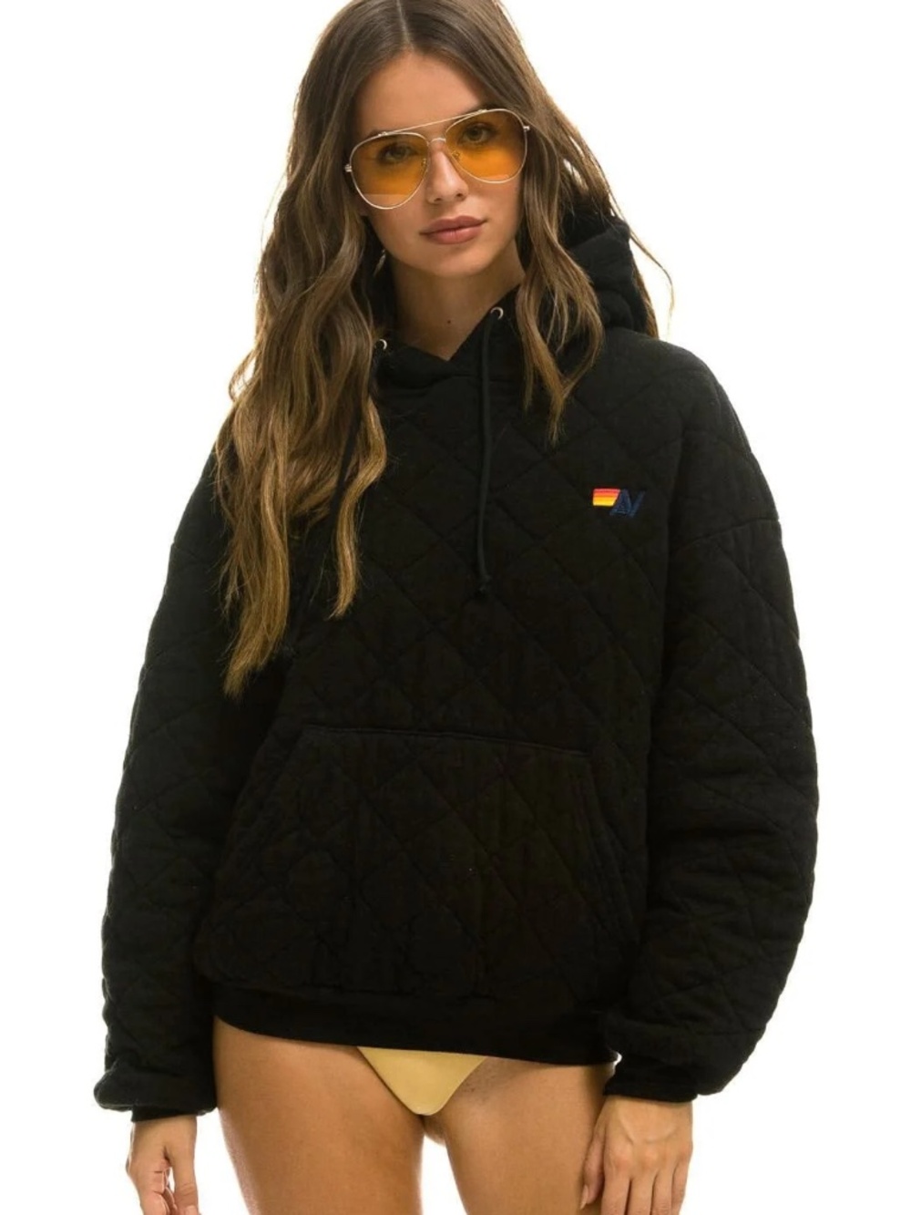 Aviator Nation Quilted  Relaxed  Pullover Hoodie in Black Size XL